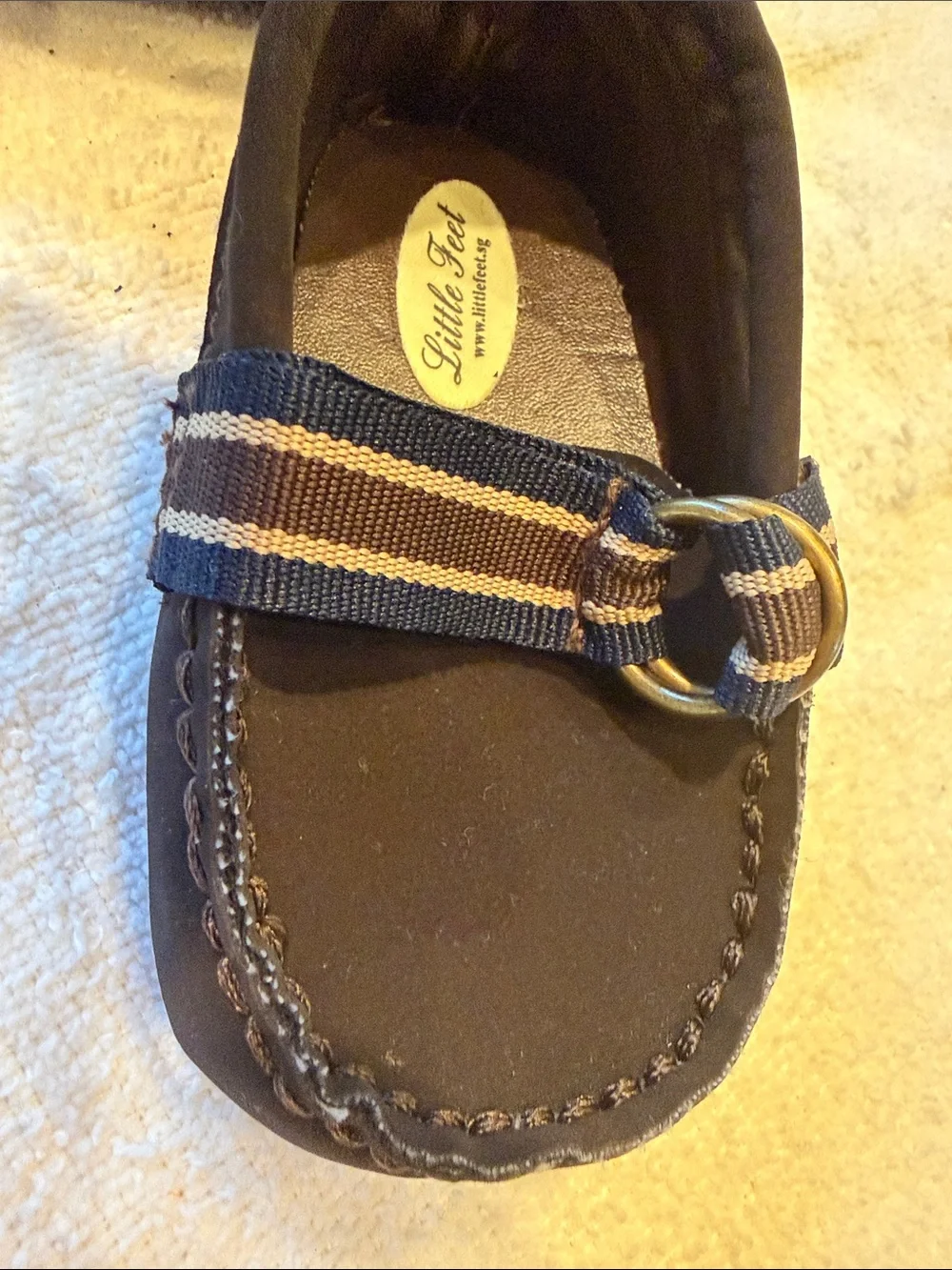 Navy & Brown Kids Moccasins with Striped Strap